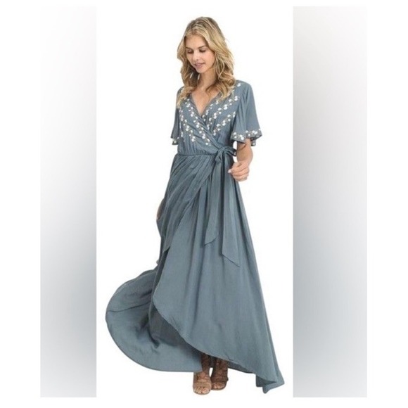 Pink + Sophie Dresses & Skirts - Pink + Sophie Faux Wrap Dress Small Asymmetrical Maxi Embroidered Floral Boho